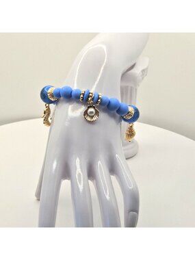 Blue Coastal Charm Bracelet, Gold Seahorse Shell Bracelet, Pearl Accent Beach